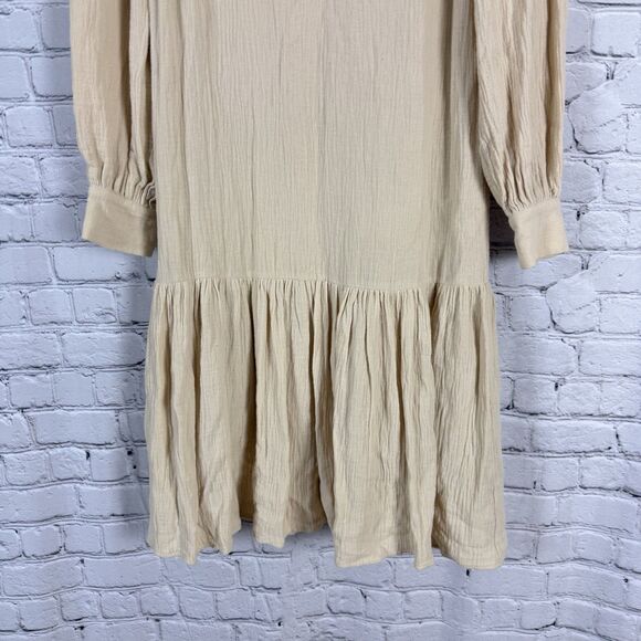 Bl_ank Gauze Crinkled Cotton Dress Long Sleeves Beige Womens S Boho Cottagecore - Picture 3 of 9
